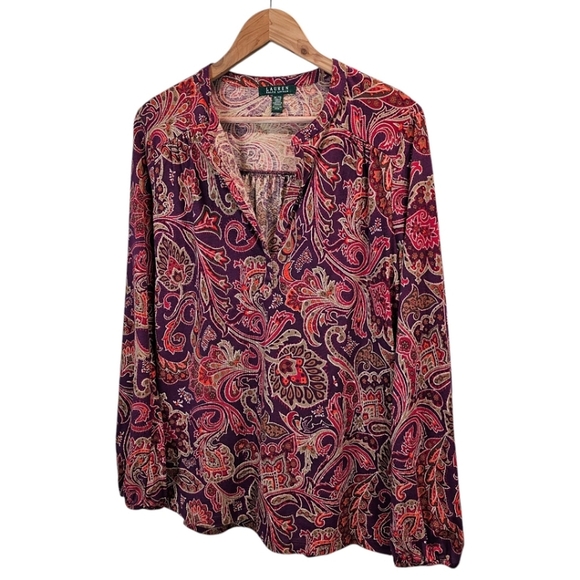 Lauren Ralph Lauren Cotton Paisley V-Neck Top Size XL Burgundy Red Casual Boho - Picture 3 of 14